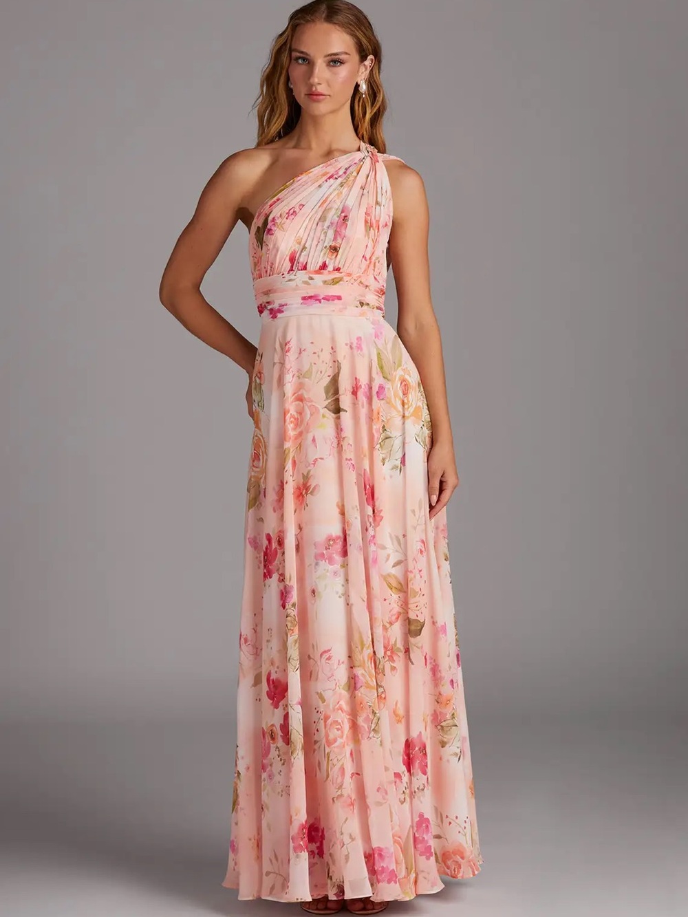 Azazie Charlize Watercolor Floral A-Line One Shoulder Chiffon Dress Maxi  size 6